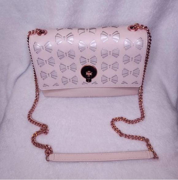 Ted Baker London Handbags - Ted Baker Light Pink Mia Cutout Bow Perforated Leather Crossbody Bag Chain Strap